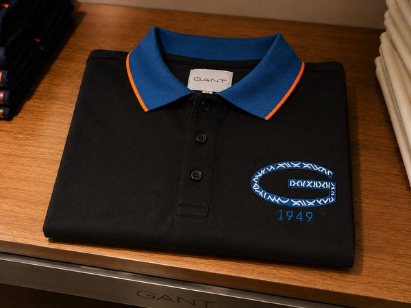 Smart Casual Black Polo Tee with Contrast Brown Collar