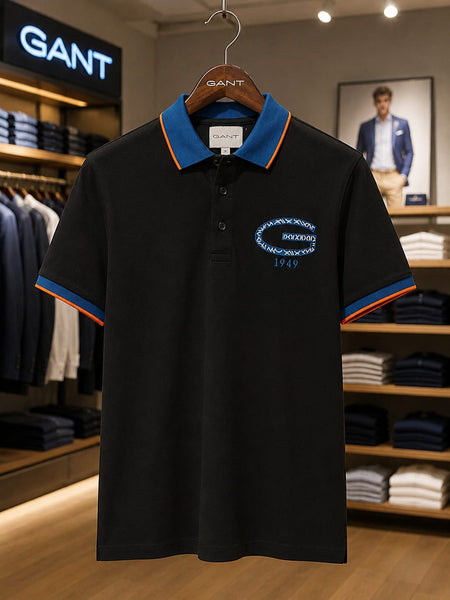 Smart Casual Black Polo Tee with Contrast Brown Collar