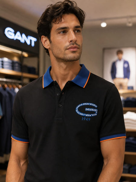 Smart Casual Black Polo Tee with Contrast Brown Collar
