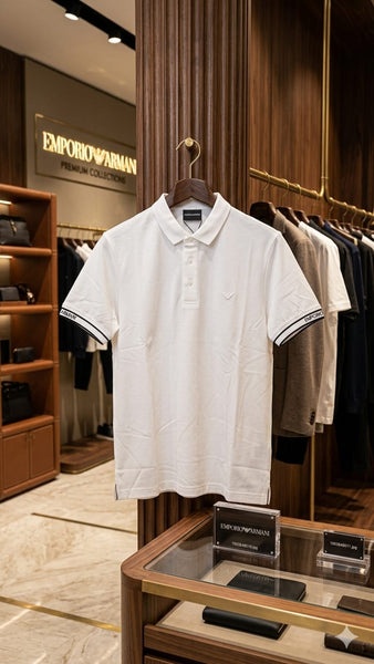 Premium  White Textured Polo Shirt with Signature Eagle Logo & Branded Sleeve Detail