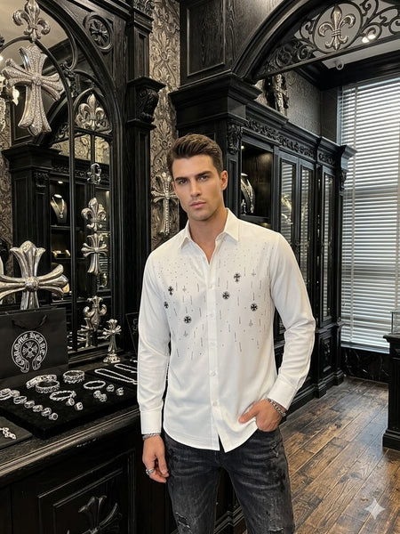 Luxury White Embellished Premium Regular Fit Formal Shirt for Men