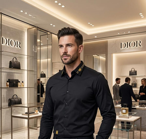 Luxury Black Designer Shirt with Gold Embroidered Collar Detail for Men
