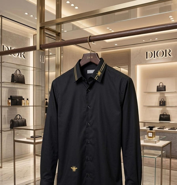 Luxury Black Designer Shirt with Gold Embroidered Collar Detail for Men