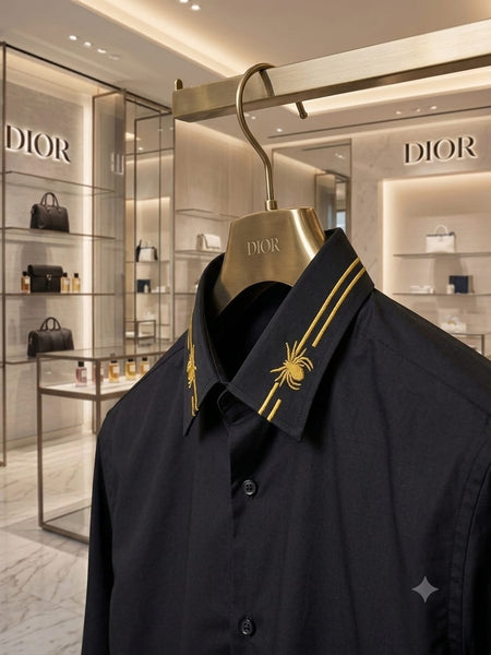 Luxury Black Designer Shirt with Gold Embroidered Collar Detail for Men