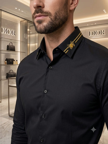 Luxury Black Designer Shirt with Gold Embroidered Collar Detail for Men