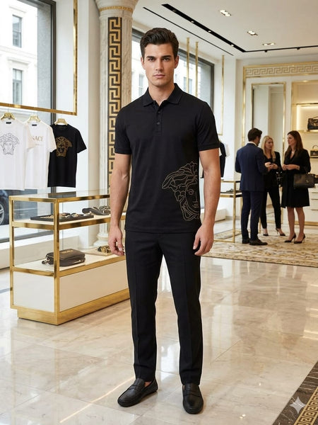 Luxury Black Designer Polo T-Shirt with Artistic Side Print for Men