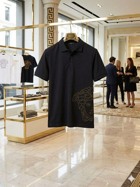 Luxury Black Designer Polo T-Shirt with Artistic Side Print for Men
