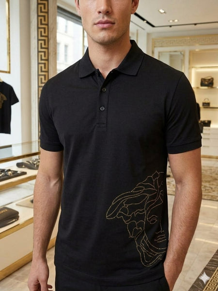 Luxury Black Designer Polo T-Shirt with Artistic Side Print for Men