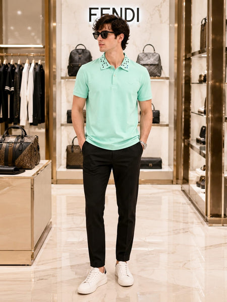 Branded Men’s Mint Green Designer Polo T-Shirt with Studded Collar