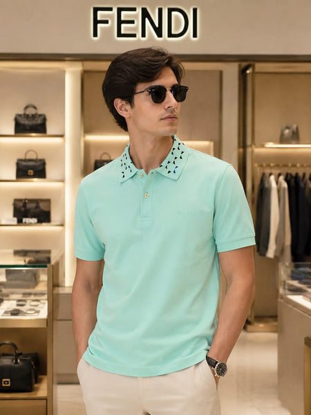Branded Men’s Mint Green Designer Polo T-Shirt with Studded Collar