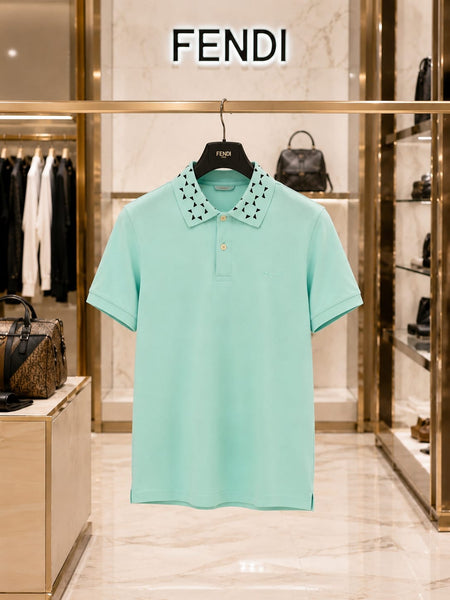 Branded Men’s Mint Green Designer Polo T-Shirt with Studded Collar