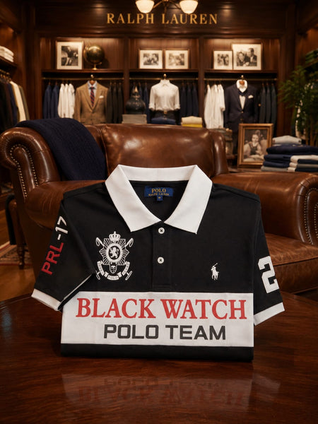 Men's Premium Black Watch Polo T-Shirt Classic Collar Tee with Bold Printed Design
