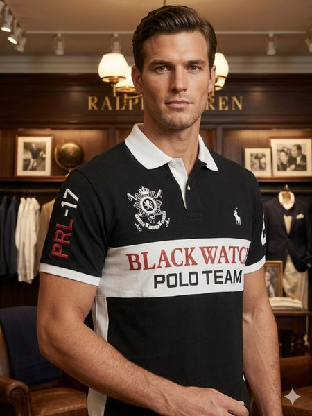 Men's Premium Black Watch Polo T-Shirt Classic Collar Tee with Bold Printed Design