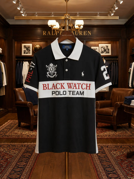 Men's Premium Black Watch Polo T-Shirt Classic Collar Tee with Bold Printed Design