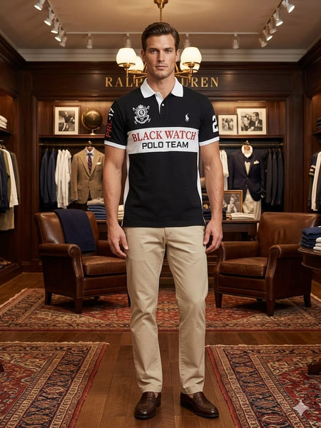 Men's Premium Black Watch Polo T-Shirt Classic Collar Tee with Bold Printed Design