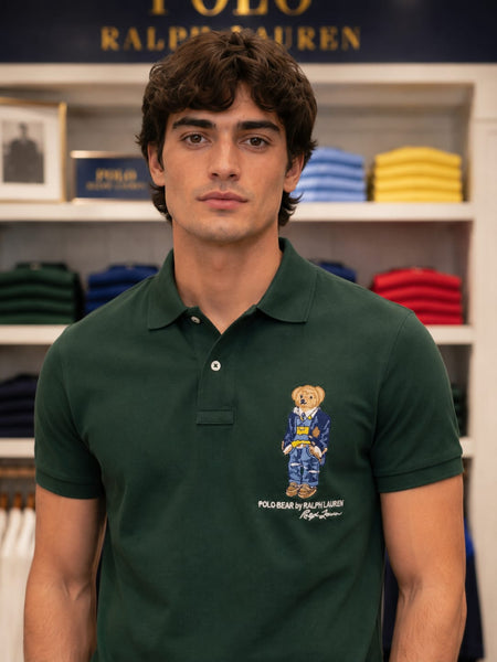 Men's Premium Dark Green Polo T-Shirt Classic  Polo with Bear Embroidered