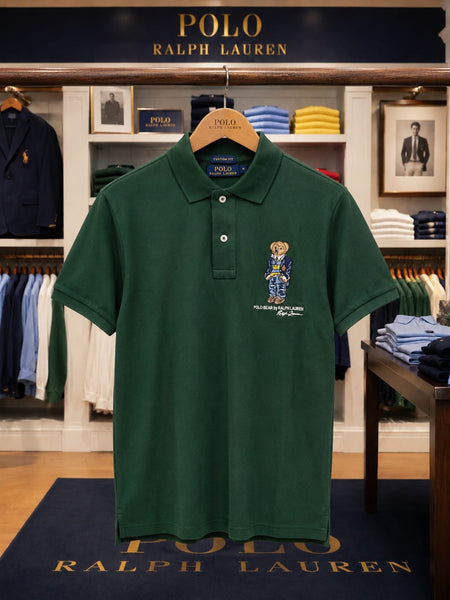 Men's Premium Dark Green Polo T-Shirt Classic  Polo with Bear Embroidered