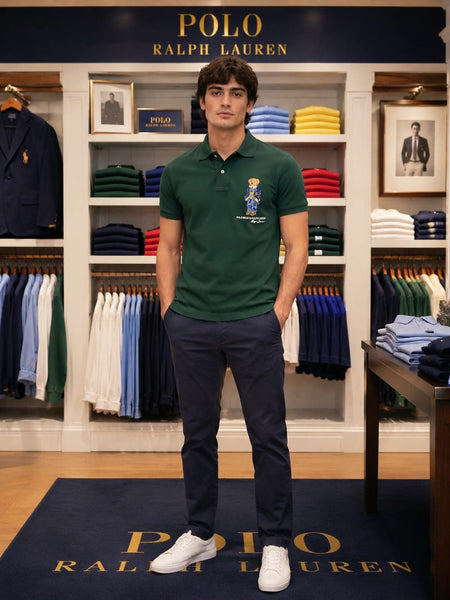 Men's Premium Dark Green Polo T-Shirt Classic  Polo with Bear Embroidered