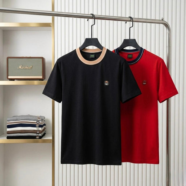 Men's Premium Crew Neck T-Shirt Contrast Ribbed Collar Casual Tees