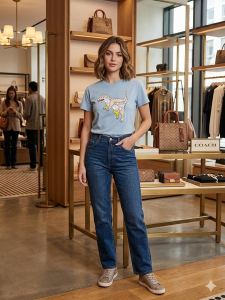 Premium Women’s Light Blue Graphic Printed Casual T-Shirt