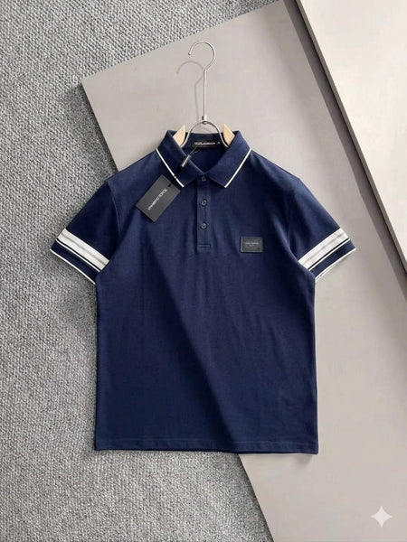 Premium Navy Blue Classic Polo T-Shirt With  Stripe Detailing