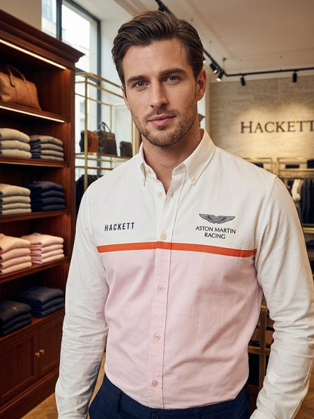 Luxury Branded Racing Men's White & Pink Colorblock Premium Full Sleeve Shirt
