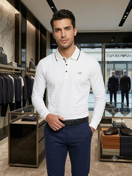 Men's White Long Sleeve Polo T-Shirt Premium Classic Fit