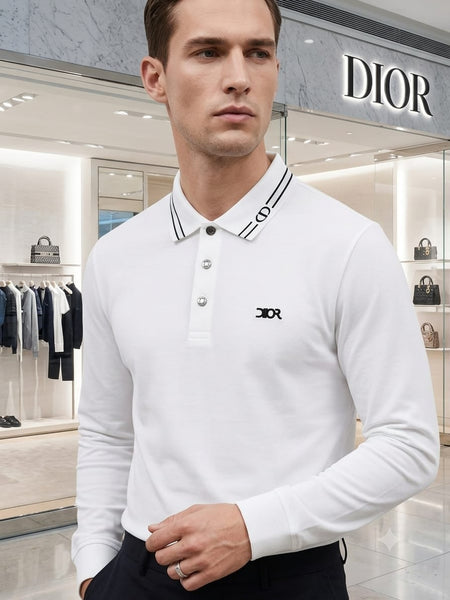 Premium White Long Sleeve Polo Shirt for Men – Elegant Designer Style