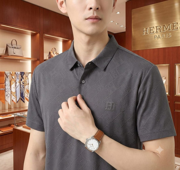 Men’s Grey Textured Polo T-Shirt  Premium  Luxury Smart Casual Wear