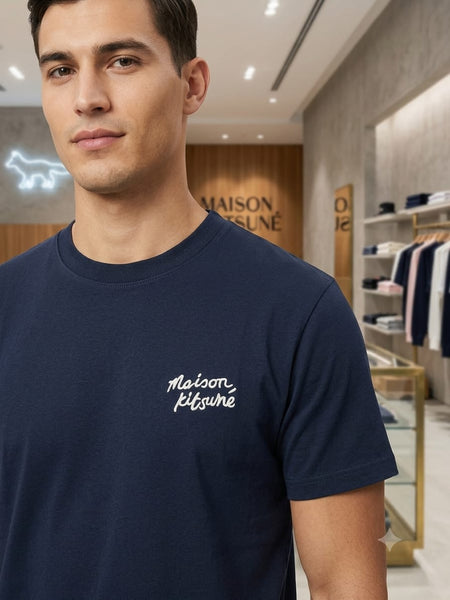 Men’s Premium Navy Blue Crew Neck Signature Logo Casual T-Shirt