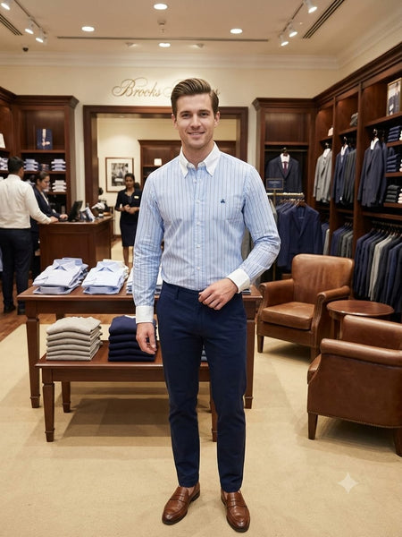 Men's Classic Blue Pinstripe Full Sleeve Shirt With  Contrast Collar