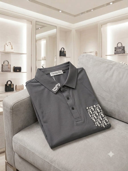 Premium Grey Designer Polo T-Shirt with Monogram Pocket Detail