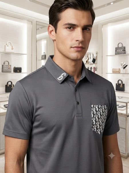 Premium Grey Designer Polo T-Shirt with Monogram Pocket Detail