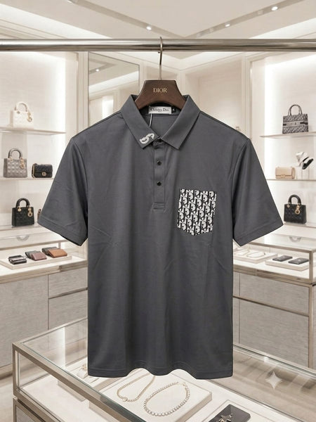 Premium Grey Designer Polo T-Shirt with Monogram Pocket Detail
