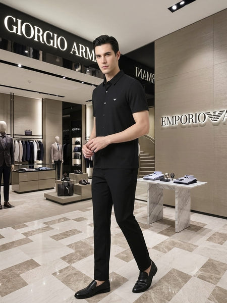 Luxury Black Button-Up Shirt with Signature Eagle Logo