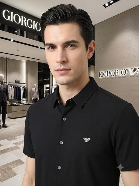 Luxury Black Button-Up Shirt with Signature Eagle Logo