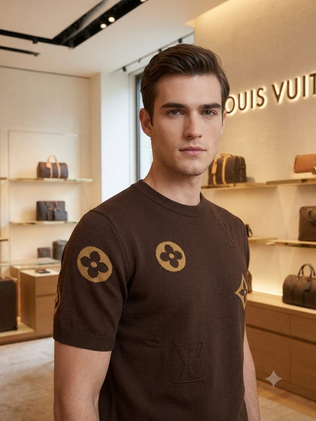 Men's Premium Brown Monogram Half Sleeve Knit Tee