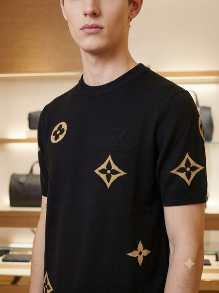 Classic Black  Knit T-Shirt with Signature Monogram Pattern