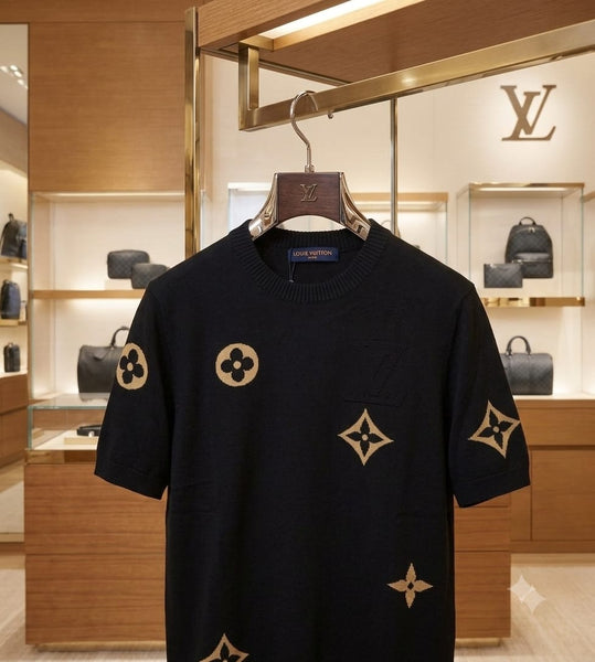 Classic Black  Knit T-Shirt with Signature Monogram Pattern