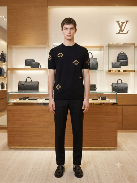 Classic Black  Knit T-Shirt with Signature Monogram Pattern