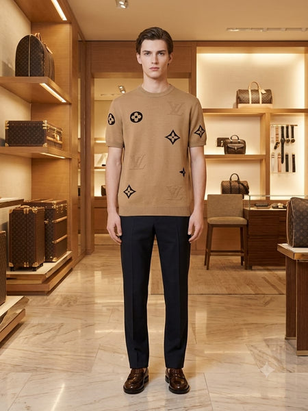 Luxury Beige Designer Monogram Knit T-Shirt for Men