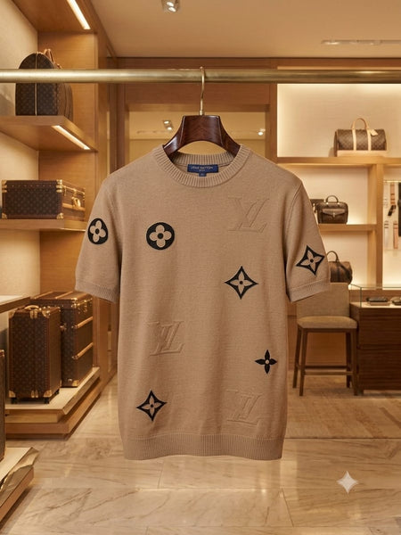 Luxury Beige Designer Monogram Knit T-Shirt for Men