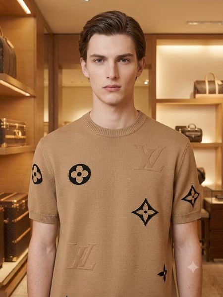 Luxury Beige Designer Monogram Knit T-Shirt for Men