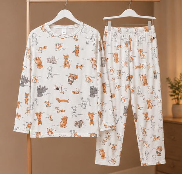 Women's Premium White Cute Animal Prin Night Suit Set