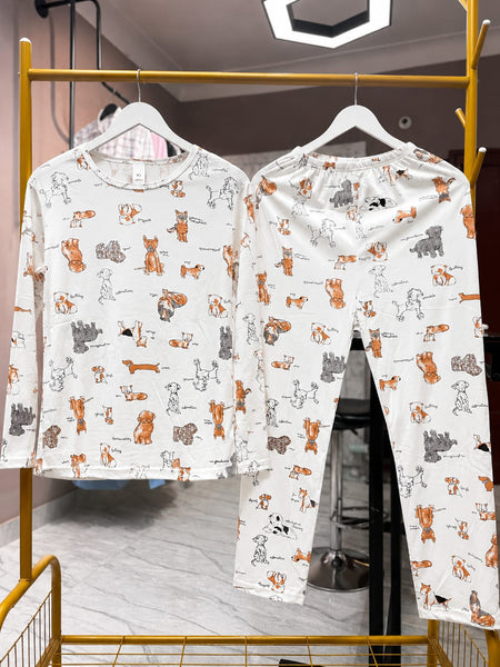 Women's Premium White Cute Animal Prin Night Suit Set