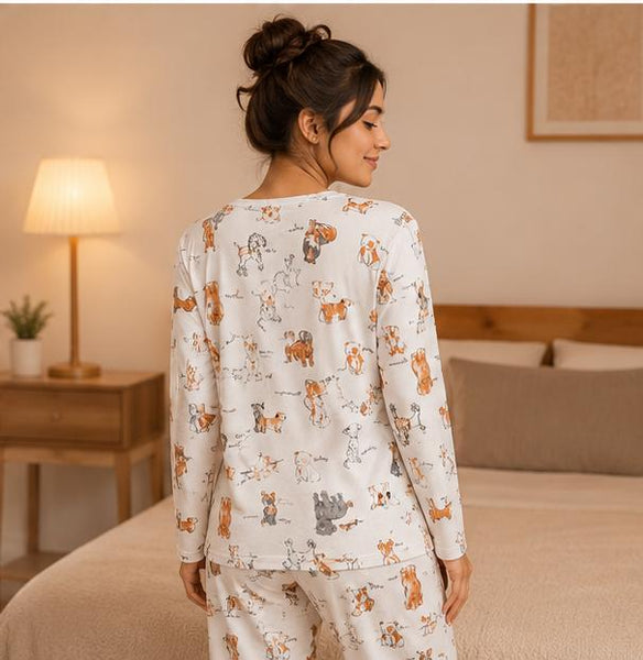 Women's Premium White Cute Animal Prin Night Suit Set