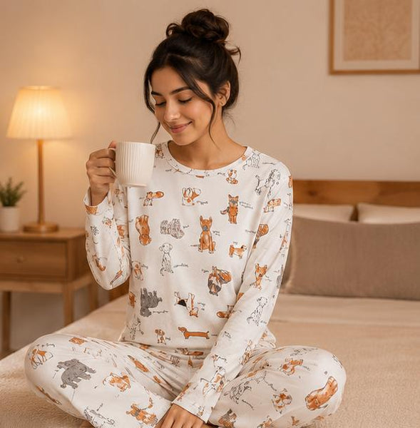 Women's Premium White Cute Animal Prin Night Suit Set