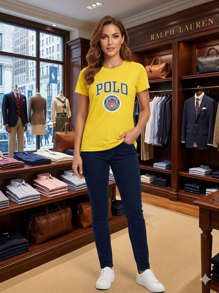 Elegant Luxury  Women's Classic Crest Graphic Yellow Crew Neck Tee