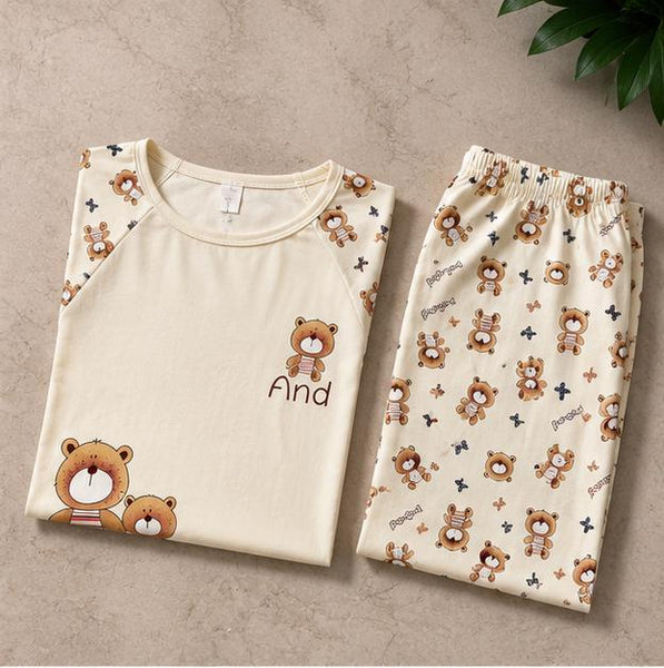Women's Premium Cream Teddy Bear Print  Night Suit Set