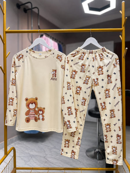 Women's Premium Cream Teddy Bear Print  Night Suit Set